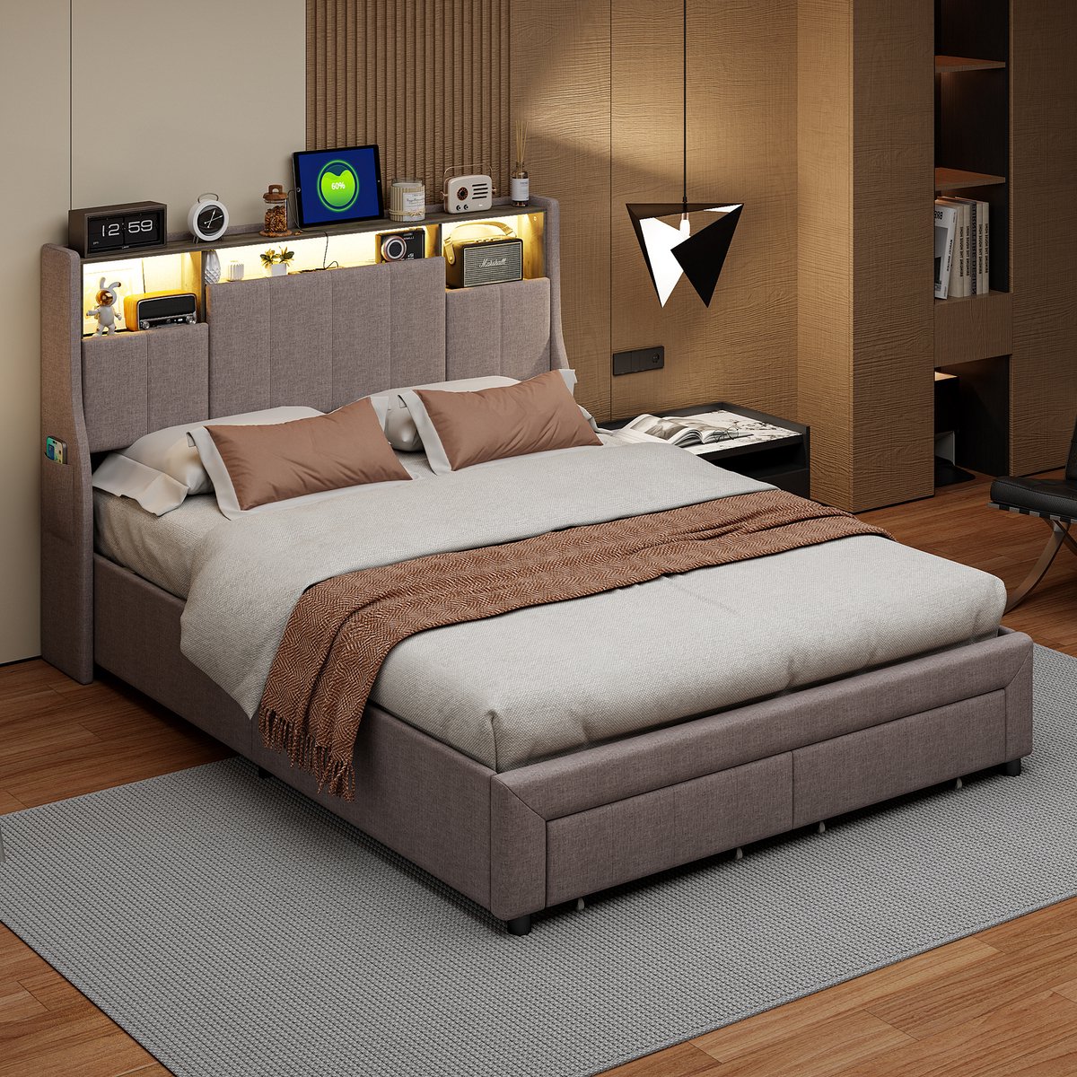 Tweepersoonsbed 160x200cm, tienerbed tweepersoonsbed met 2 lades, opbergbed massief houten bed met LED/C-profiel en lattenbodem, linnen, grijs