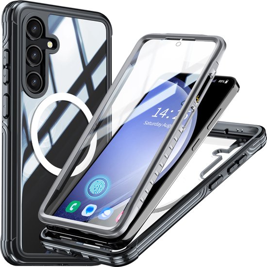 Coque de smartphone noire et transparente avec un anneau MagSafe, montée sur un téléphone à écran verrouillé.