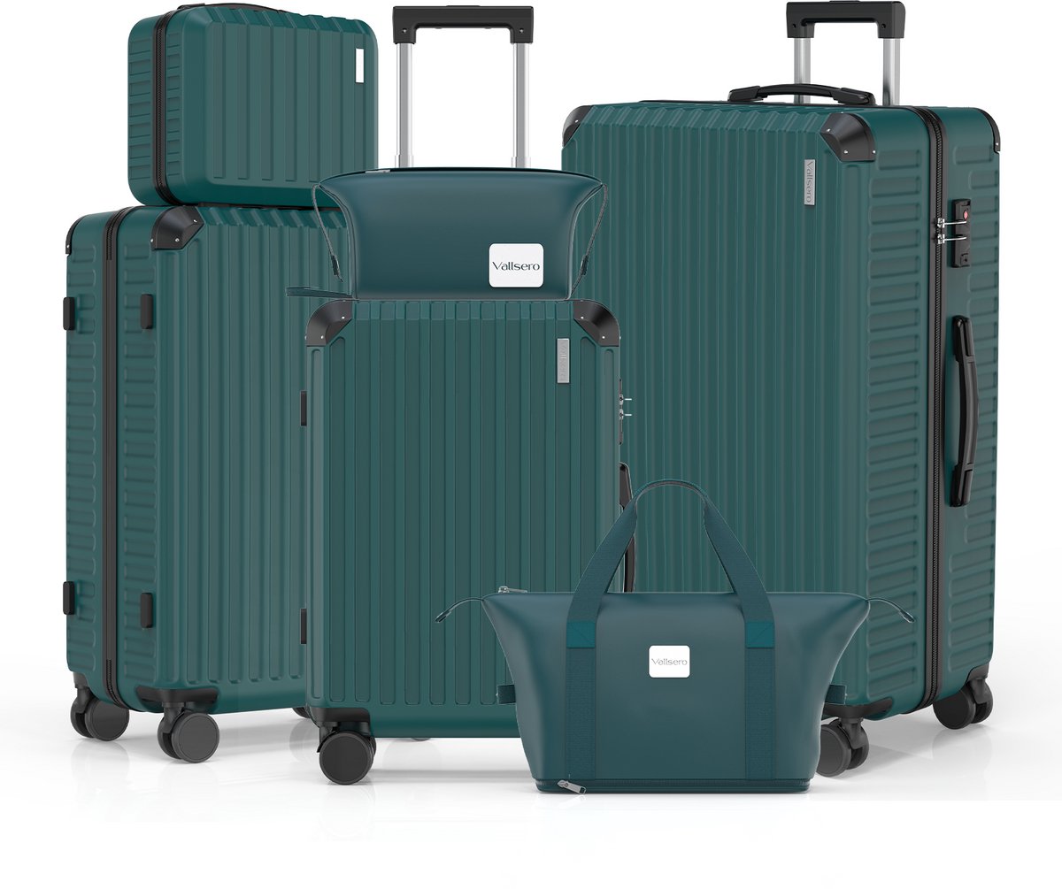 VALLSERO LG2 Kofferset - 6 Delig - Trolley - Reiskoffer Set - Reistas + Toilettas - TSA Slot - Met wielen - Handbagage - Lichtgewicht - ABS Hardcase