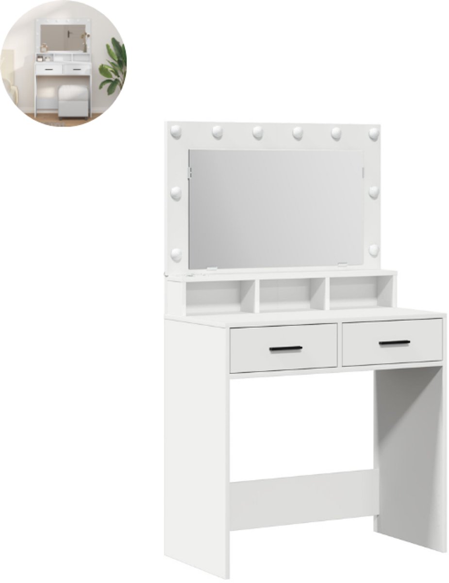 Kaptafel - Met spiegel en verlichting - Make up tafel - Make up - Toilettafel - Met lades - Wit