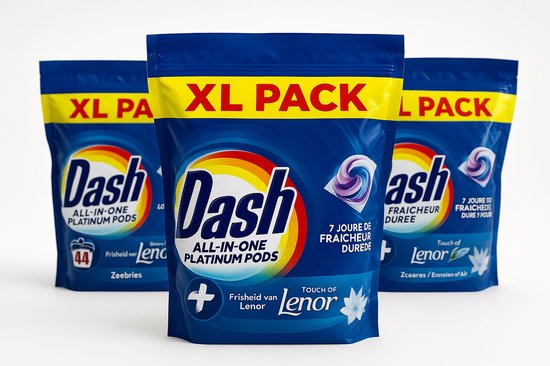 Capsules de lessive Dash 4 en 1, brise marine, 3 x 44 pièces, pack économique