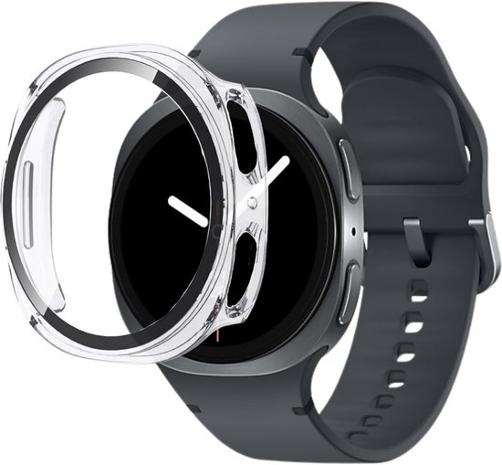 Transparante, harde beschermhoes voor een smartwatch, losgekoppeld voor weergave.