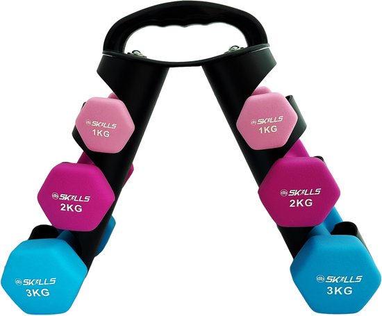 Zwart dumbbell rek met een handvat bovenaan, gevuld met roze, paarse en blauwe dumbbells van 1kg, 2kg en 3kg.