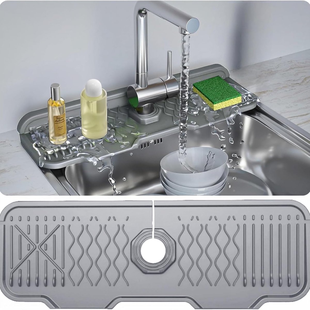 Siliconen kraanmat van 43 x 15 cm- helling van 5 graden- snelle afwatering- opvouwbare mat- essentiële keuken- en badkamerbenodigdheden (grijs)