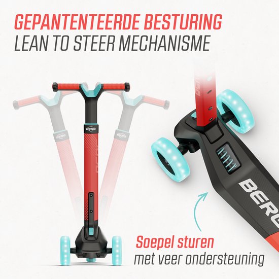 BERG Nexo Kinderstep voor kinderen van 2 tot 12 jaar | Opvouwbare driewielstep met verstelbaar stuur | Stimuleert balans en motoriek | Step voor jongens en meisjes (Rood, LED Wielen