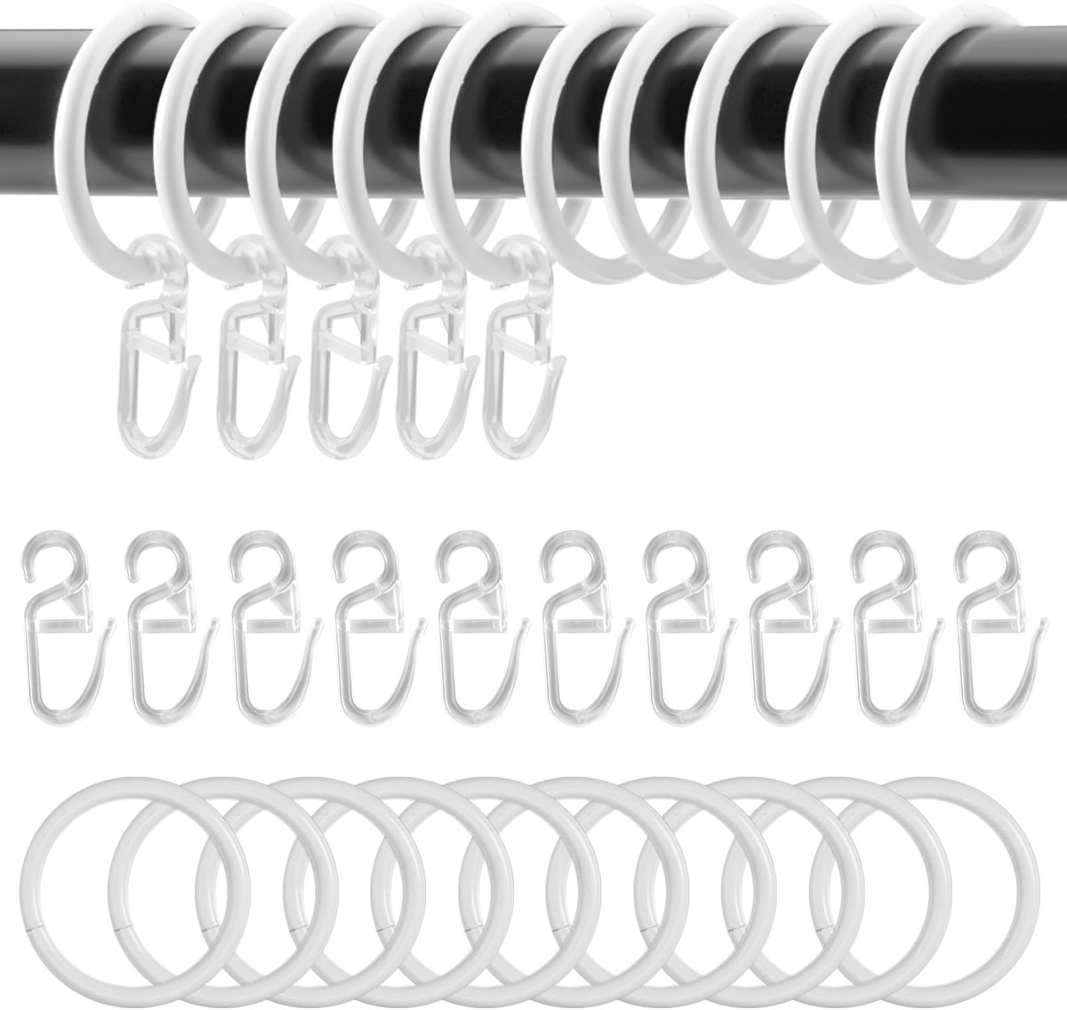 50 Stuks Metalen Gordijnringen met Transparante Haken - 30 mm - Wit