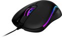 Zwarte gaming muis met veelkleurige LED-verlichting aan de zijkanten en scrollwiel.