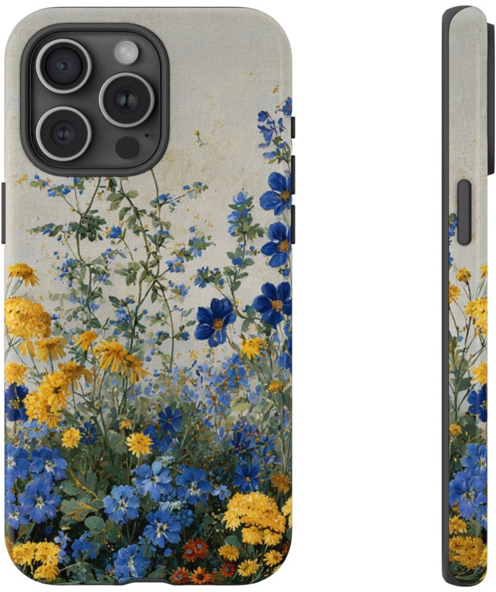 Blauwe en Gele Wilde Bloemen – Telefoonhoesje Geschikt voor iPhone 15 Pro Max