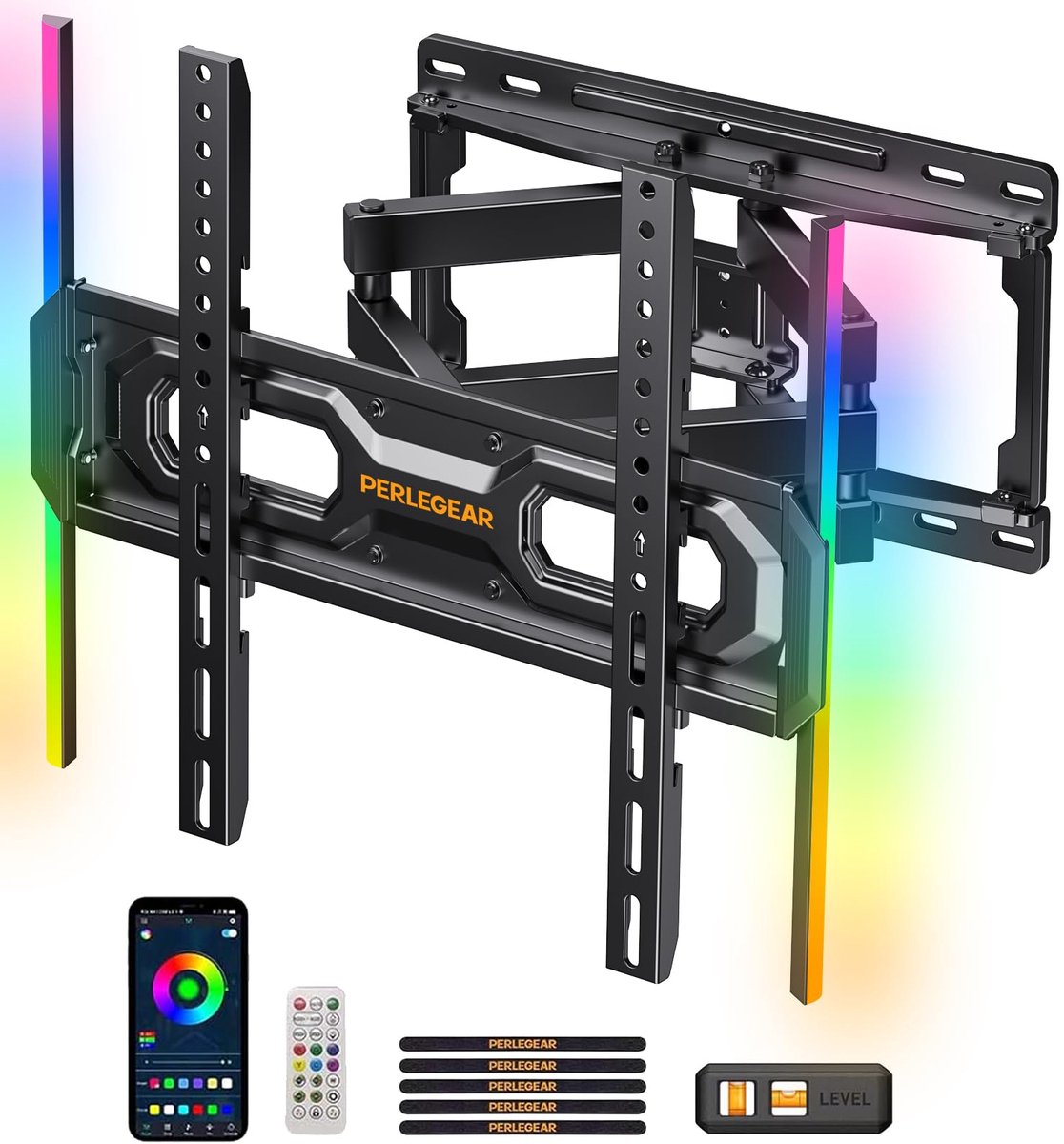 Perlegear TV-muurbeugel voor 26-65 inch tv's tot 45 kg, LED-achtergrondverlichting met muzieksynchronisatie, max. VESA 400x400 mm met draai-, uitschuif- en kantelfunctie PGMF20