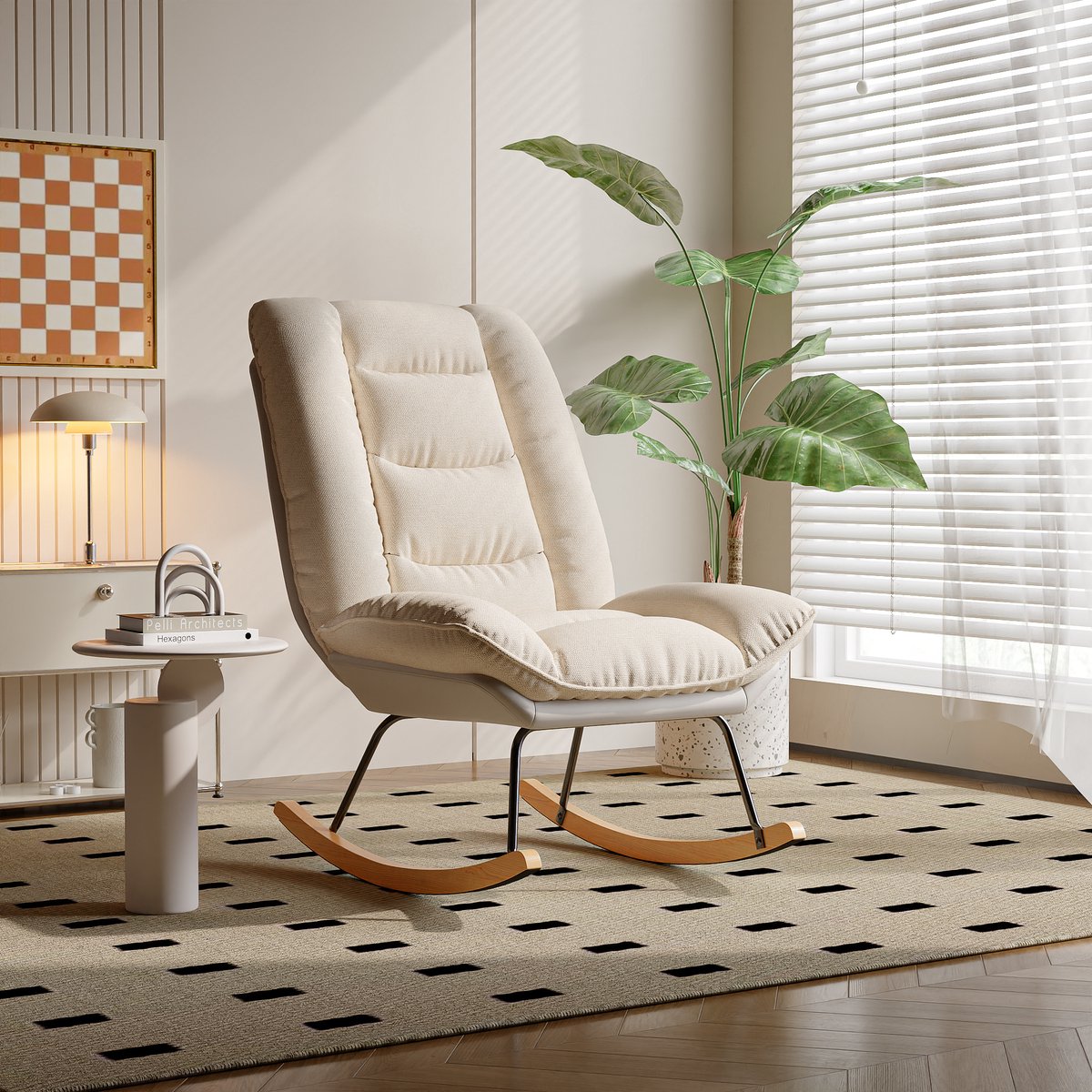 Moderne schommelstoel, schommelstoel met hoge rugleuning, moderne gestoffeerde stoffen kinderkamerstoel, gestoffeerde schommelstoel, voor slaapkamer, woonkamer, kantoor, beige, 59x90cm
