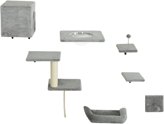 7-Delig Kattenklimmuur Set met Kattenhuis - Platformen - Grijs