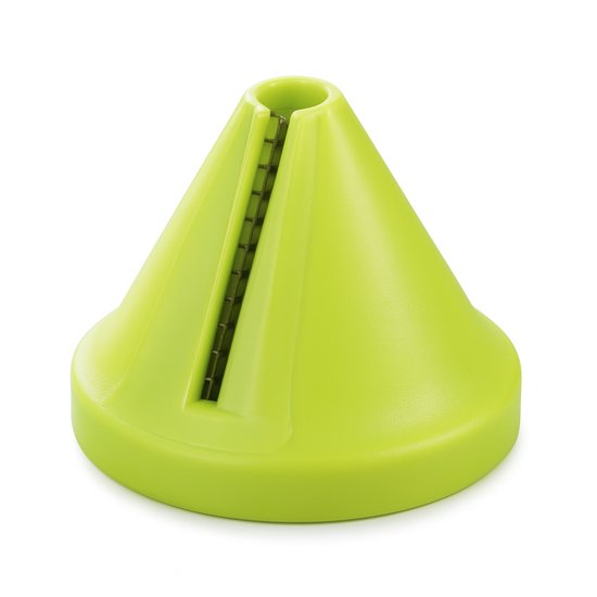 Een limegroene, trechtervormige groentesnijder met een metalen mesje.