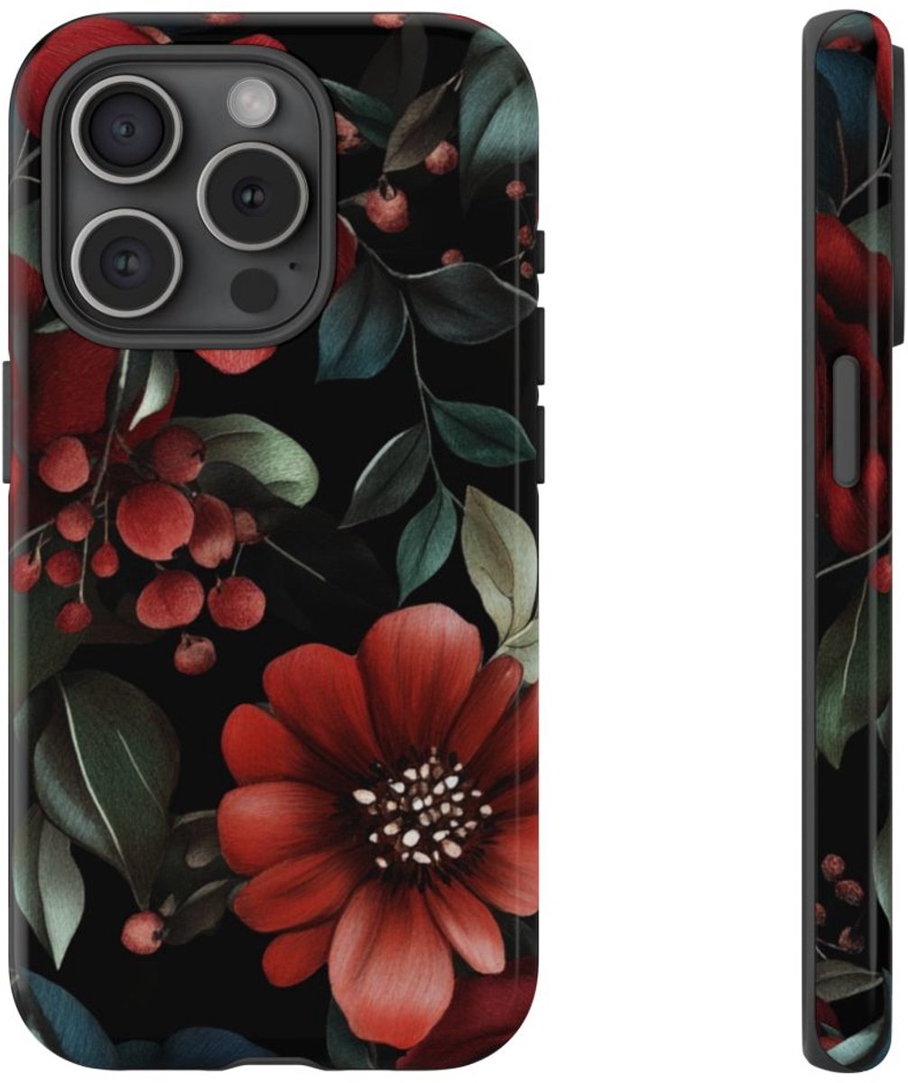 Dieprood en Groen Bloemenpatroon – Telefoonhoesje Geschikt voor iPhone 15 Pro