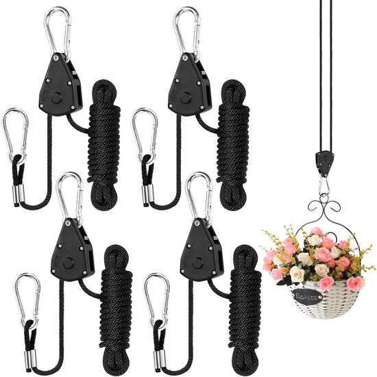 12 stuks 1/8 inch ratelhangers, heavy duty, instelbare ratel, touwhangers voor planten, kabelratel, ventilatoren en lampen, 68 kg draagkracht per paar (geknoopte versie
