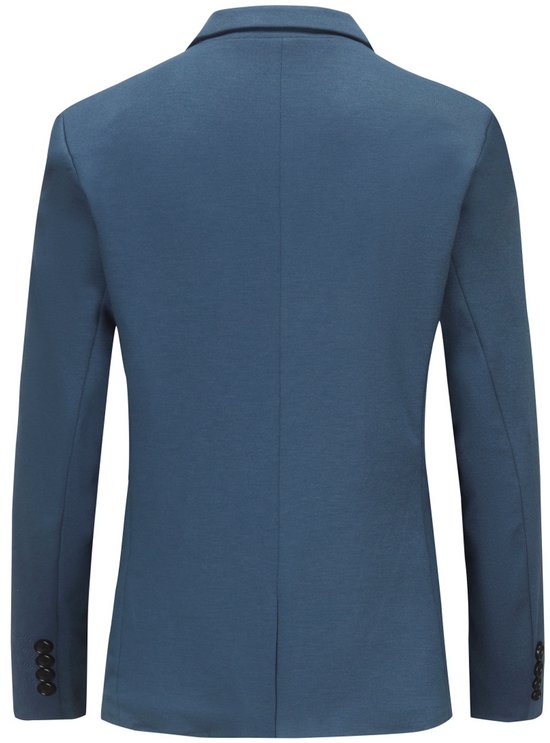 Achterkant van een effen blauwe blazer met drie knopen op de mouwen.