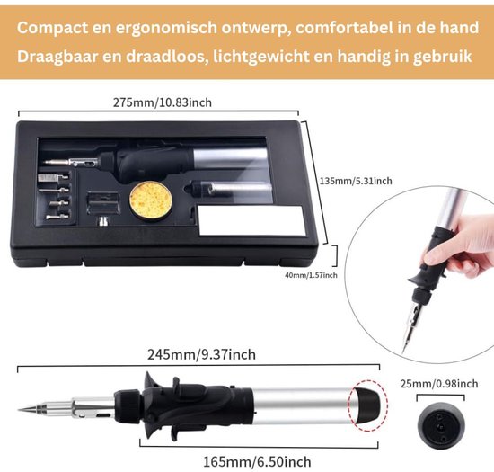 Compacte soldeerbout set met afmetingen, draagkoffer en accessoire set.