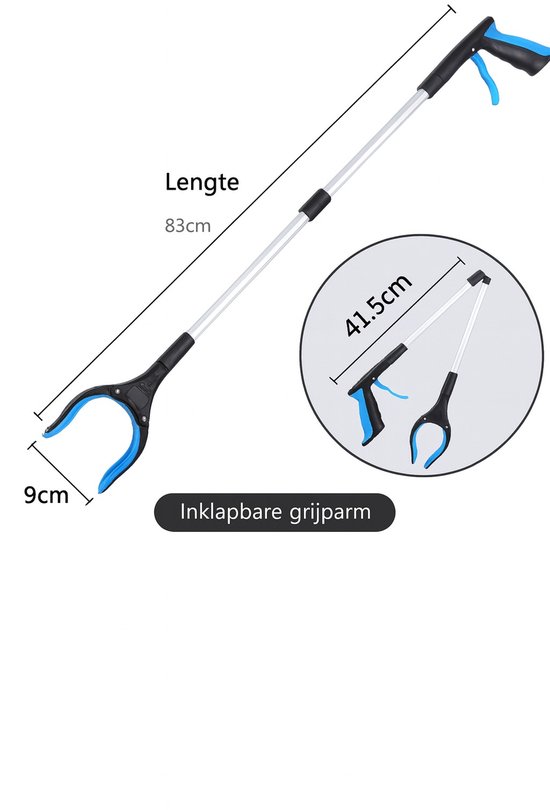 Afmetingen van de inklapbare grijparm: 83cm lang, 9cm brede grijper, 41.5cm ingeklapt.