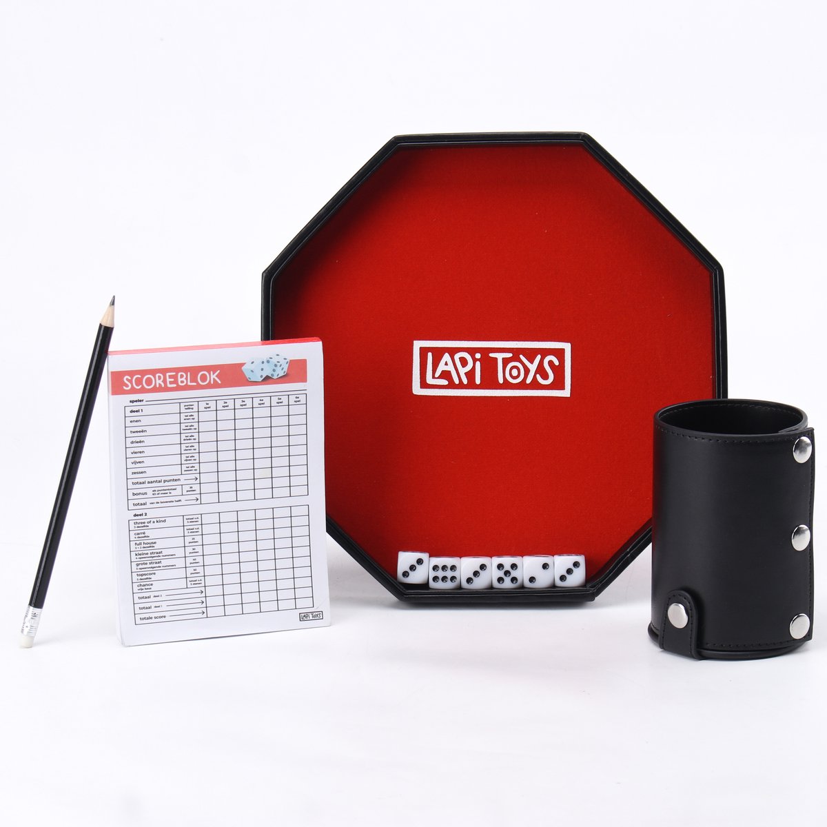 Dobbelspel Set - Yahtzee - Yatzee - Dobbel - Dobbelbord - Gezelschapsspel - Dobbelstenenbak - Dobbelbeker - Reisspel - Rood