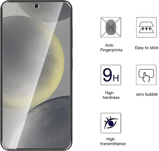 Gedetailleerde weergave van een screenprotector met pictogrammen voor vingerafdrukbestendigheid en hardheid.