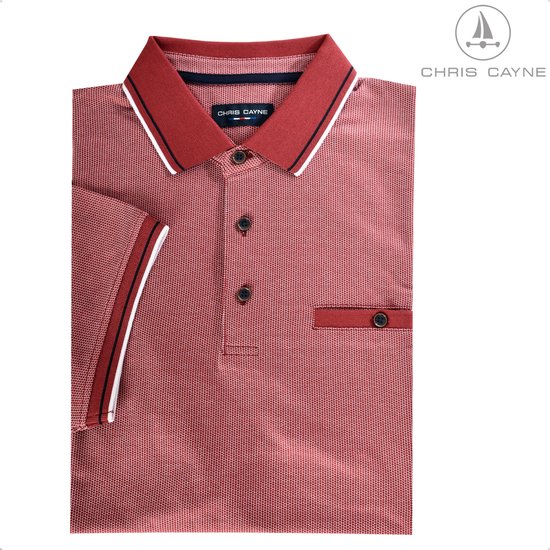 Donkerrode polo van Chris Cayne met jacquarddessin, luxe kraag met witte en blauwe strepen, borstzak met knoopje en bruine knopen.