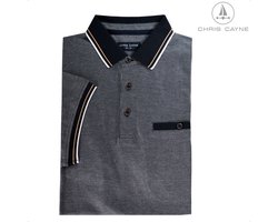Chris Cayne poloshirt - maat 4XL - jacquard dessin - donkerblauw/offwhite - luxe kraag en manchetten met ingebreid streep patroontje - pique - stretch - met borstzak - paspelzak - luxe polo - bruine knoopjes - grote maten