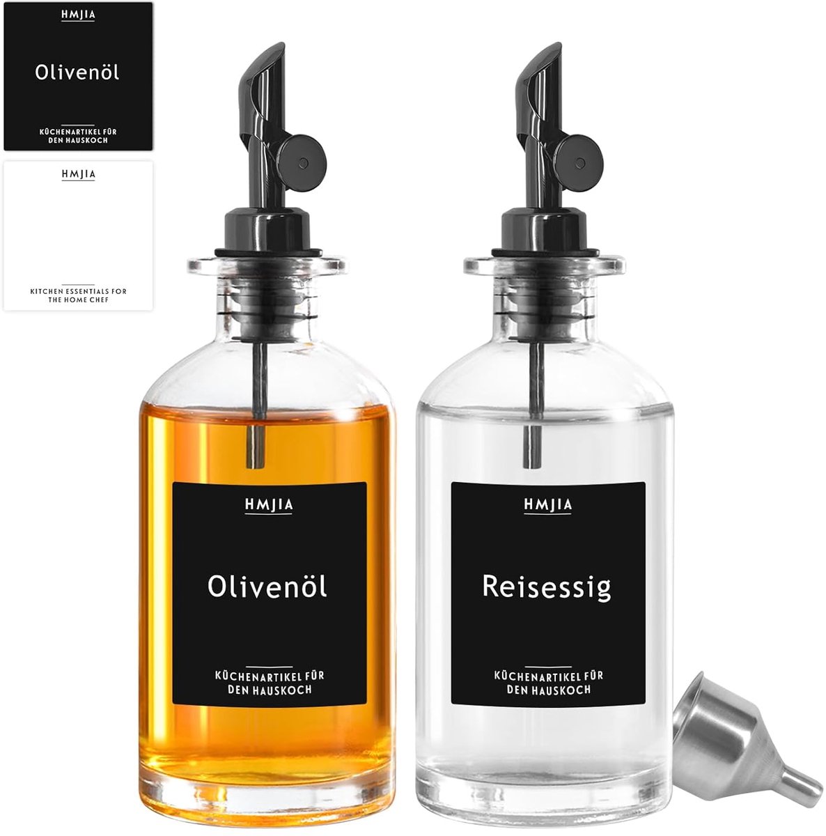 Olie- en azijnstel - glazen flessen - set van 2 - 350 ml - roestvrij staal