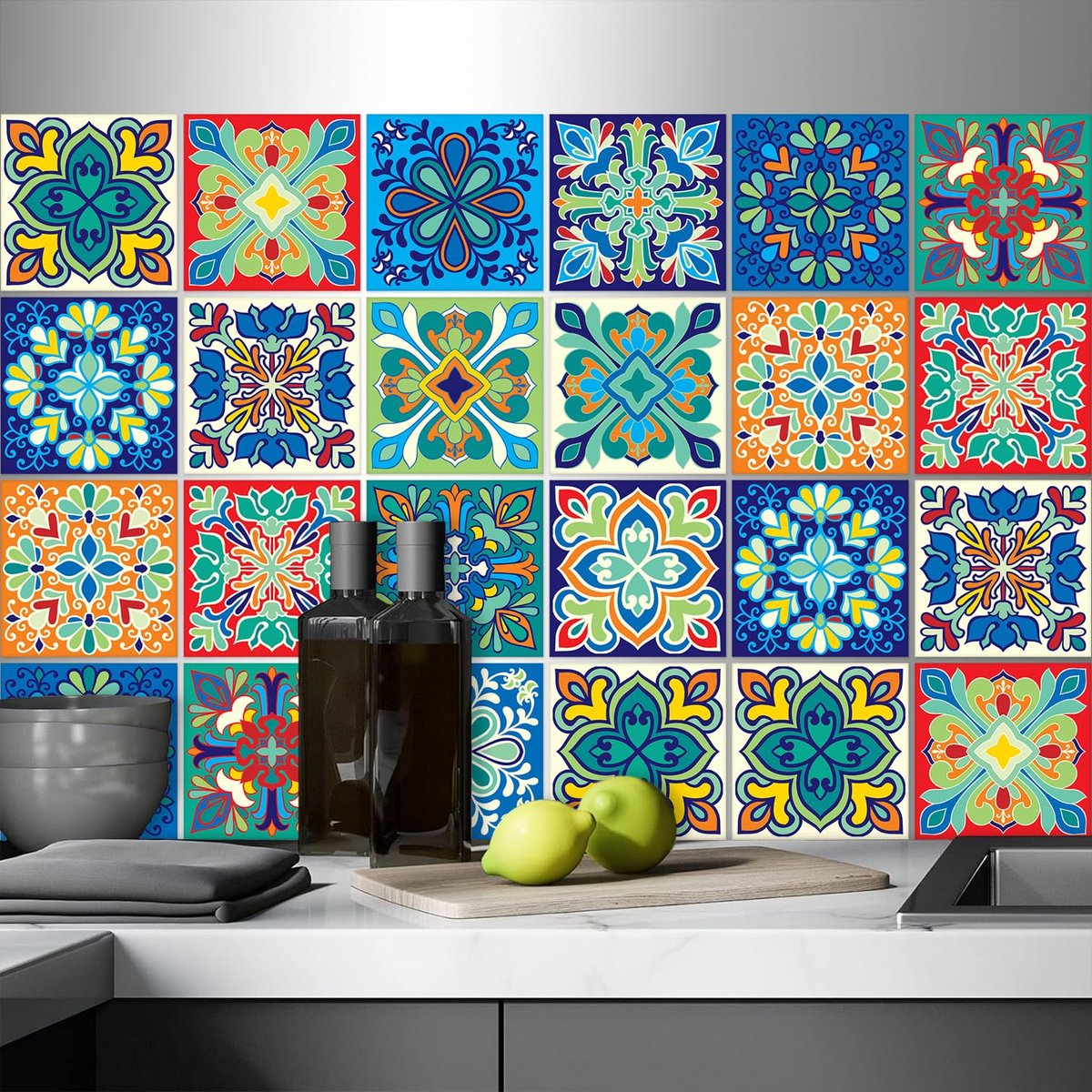 AREDE 32 stuks tegelstickers deco tegellijm voor badkamer zelfklevende tegeldecoratiestickers baksteen voor keuken eetkamer badkamer tegelfolie / 15 x 15 cm / T1008