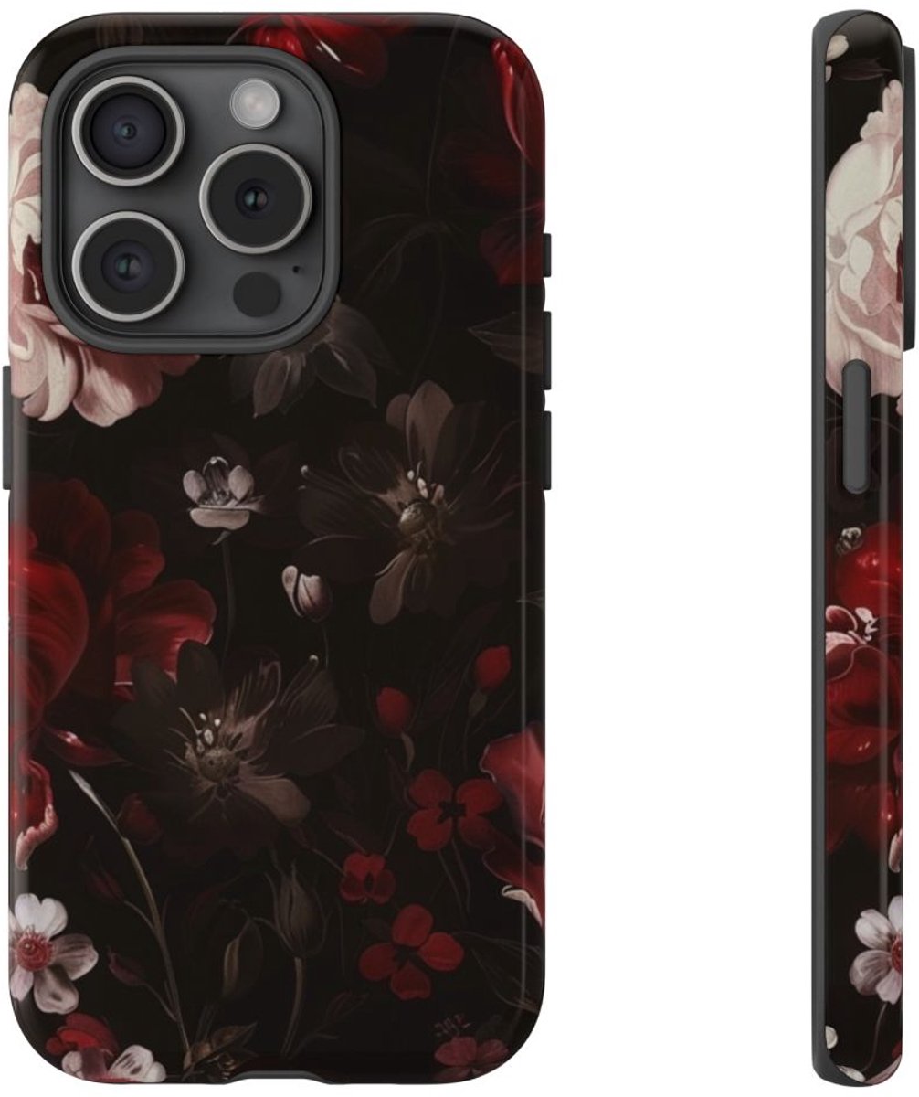 Donker Bloemmotief met Glans – Telefoonhoesje Geschikt voor iPhone 15 Pro
