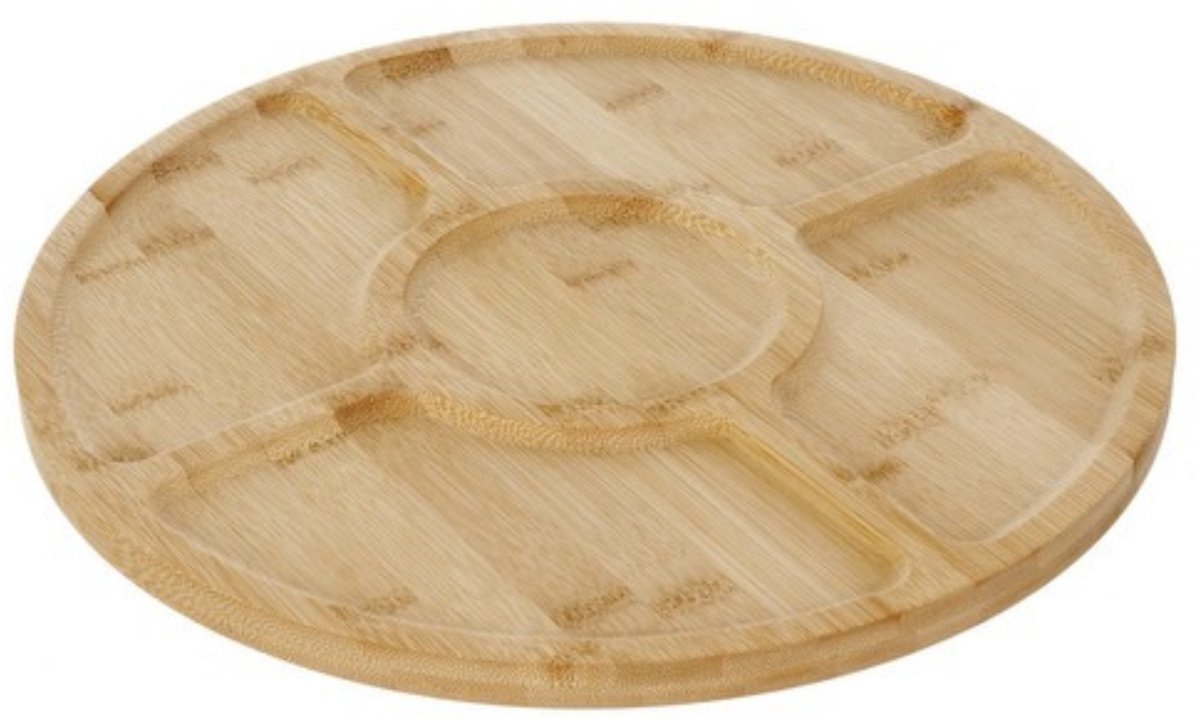 Ruhhy draaibaar serveer plateau - borrelplank - bamboe hout - D33 cm - lichtbruin - draaibare voet