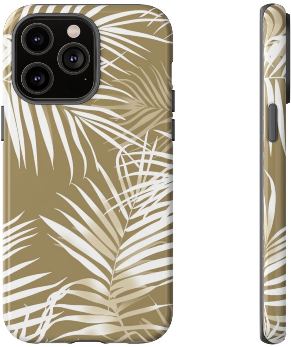 Witte Palmbladeren op Khaki Achtergrond – Telefoonhoesje Geschikt voor iPhone 14 Pro Max