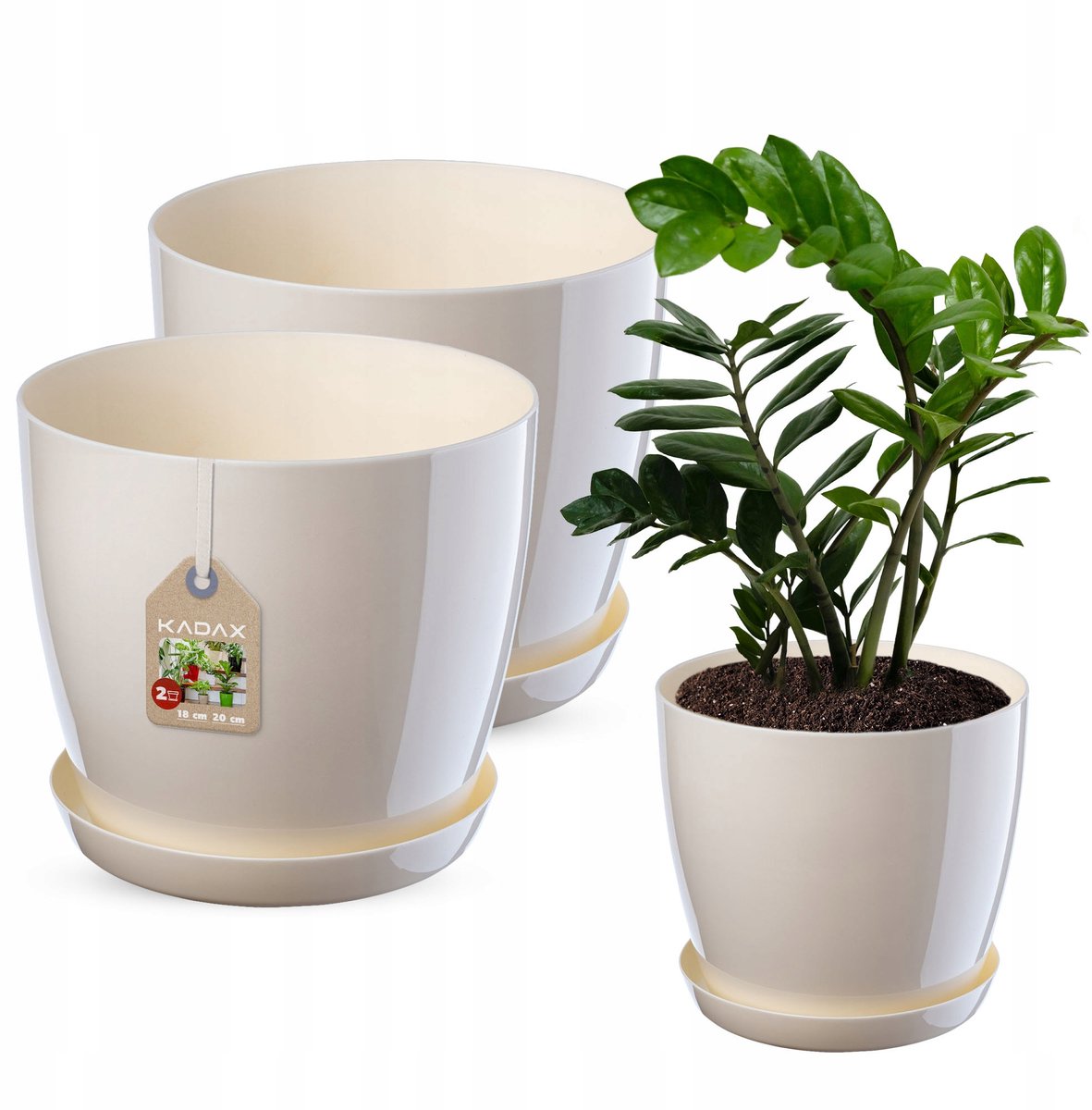 Bloempot met schotel - Plantenpot set - Binnen planten - Lichtgewicht kunststof - 18 en 20 cm - Ecru