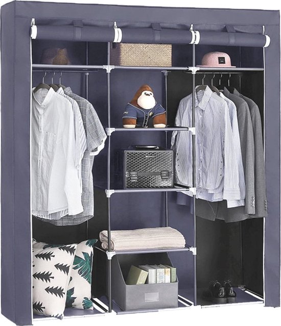 Extra grote vouwkast van stof, H175 x B150 x D45 cm, met 2 kledingstangen, grijs