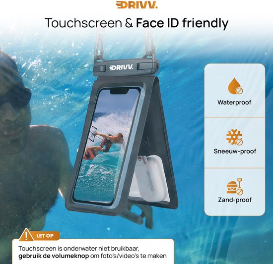 DRIVV waterdichte, sneeuw- en zandbestendige telefoonhoes onder water. Touchscreen werkt niet onder water.