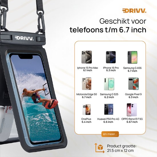 DRIVV telefoonhoes geschikt voor telefoons tot 6.7 inch. Toont modellen zoals iPhone, Samsung, Google Pixel.