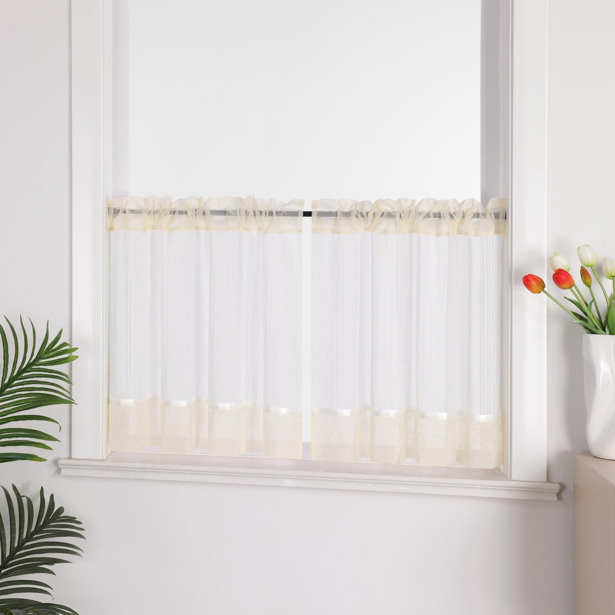 Ibenzoa Linnenlook vitrage met decoratief satijnen lint voor keuken en woonkamer, beige 60x90cm Wit