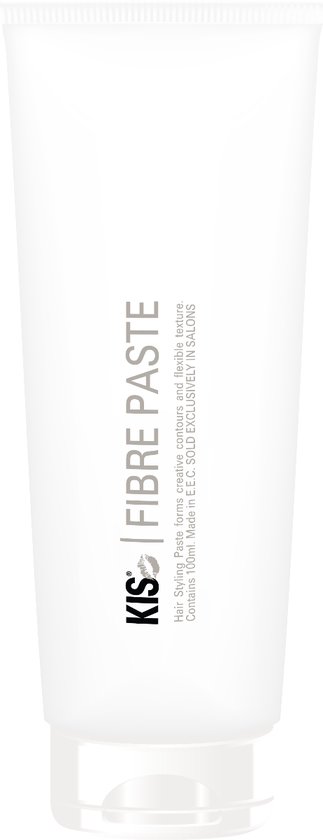Witte tube KIS Fibre Paste. Tekst: Hair Styling Paste creative contours and flexible texture. Contains 100ml. Made in E.E.C. SOLD EXCLUSIVELY IN SALONS.