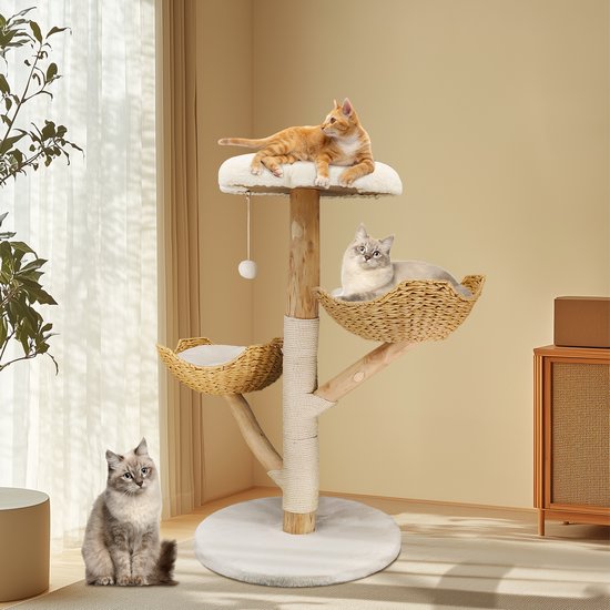 Arbre à chat BingoPaw 111 cm - Arbre à chat moderne en bois - avec 2 paniers en osier, tronc en sisal, plateforme d'assise et balle en peluche - Grande tour à chat - pour plusieurs chats