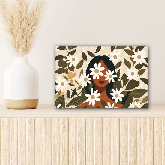Canvas schilderij 30x20 cm - Exclusieve wanddecoratie Illustratie - Vrouw - Madeliefjes - Wit - Muurdecoratie woonkamer - Slaapkamer decoratie - Kamer accessoires - Schilderijen op canvas