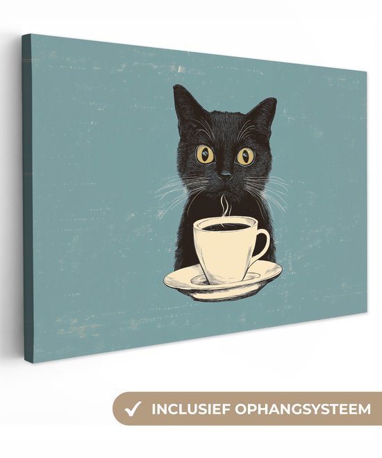 Canvas schilderij 30x20 cm - Exclusieve wanddecoratie Kat - Zwart - Koffie - Minimalistisch - Muurdecoratie voor bar en kroeg - Keuken decoratie accessoires - Schilderijen - Wandborden
