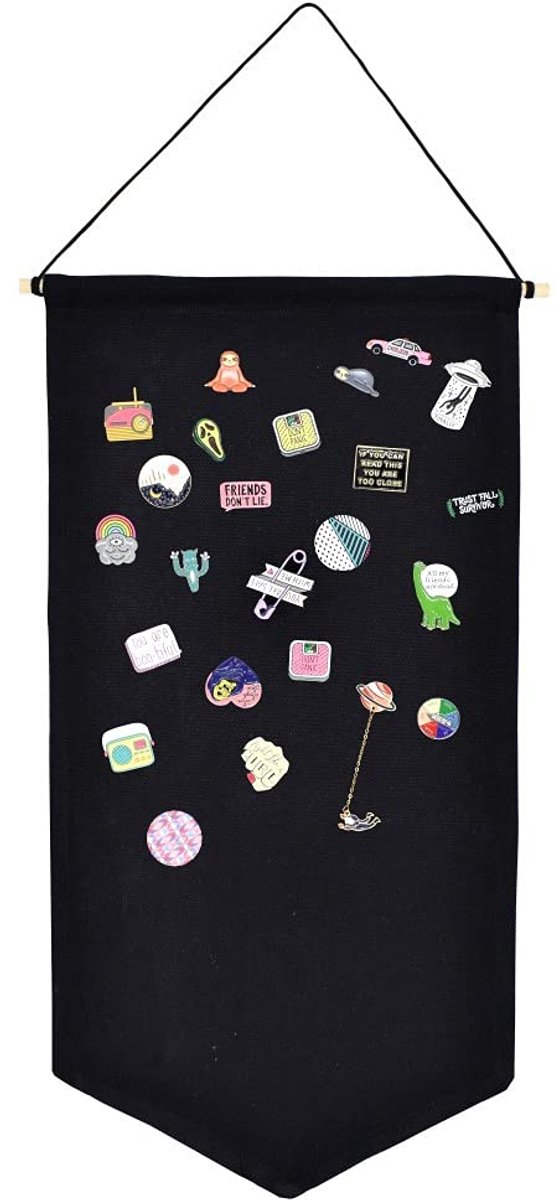 Ibenzoa® Wandhangende Sieraden Organizer voor Broches, Oorbellen en Kettingen met Canvas Display en Houten Stok - Zwart