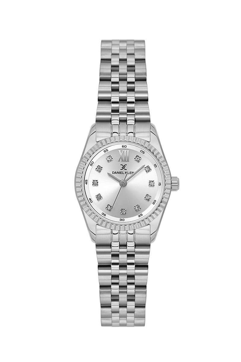 Daniel Klein DK.1.13925-1 - Horloge - Polshorloge - Analoog - Vrouwen - Dames - Stalen band - Rond - Metaal - Romeinse Cijfer - Cijfers - Kleine Briljanten Vierkantjes - Zilverkleurig