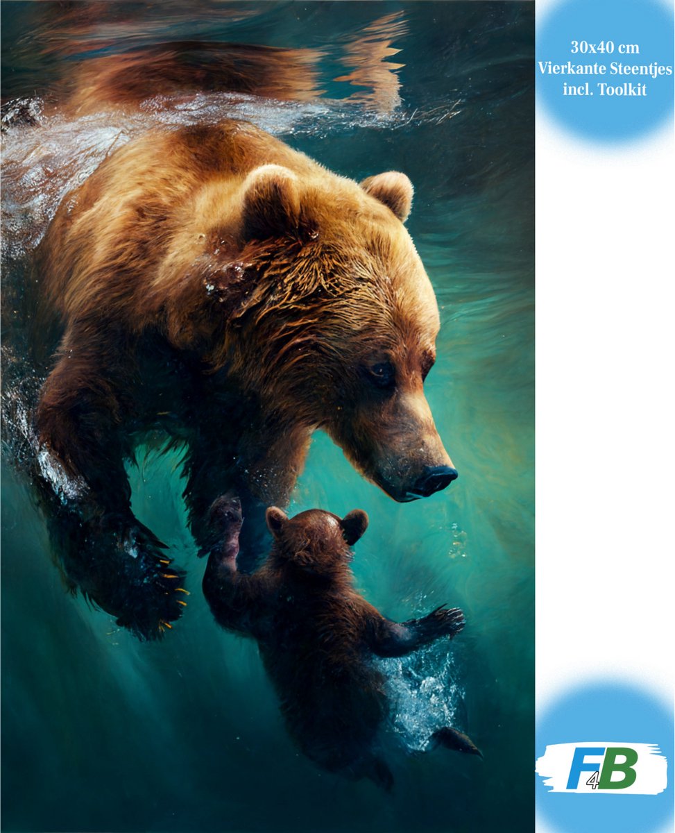 F4B Diamond Painting Beer met Jong - 30x40 cm - Vierkante Steentjes - Dieren
