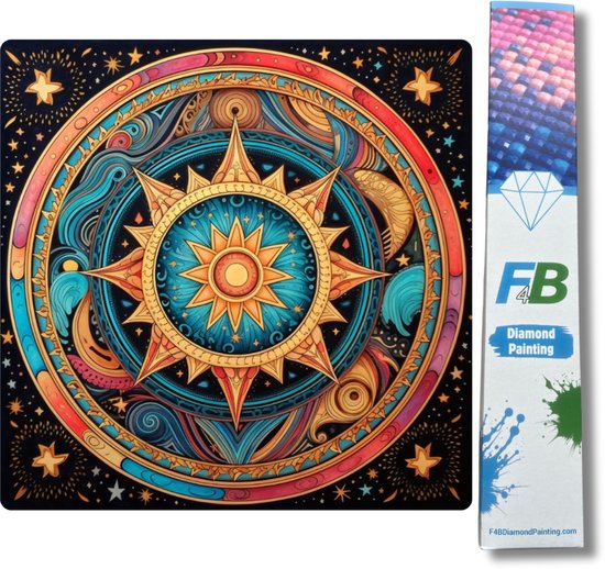 Diamant schilderij met een mandala-design in felle kleuren, met een verpakking.