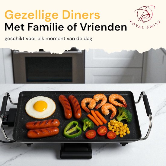 Royal Swiss® Elektrische Grillplaat - 2000W Bakplaat 46x26 cm - Antiaanbaklaag - Verstelbare Thermostaat - Cool Touch Handgrepen - Vaatwasserbestendig — afbeelding 3