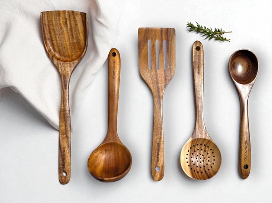 Dutchers® 5-delige Spatelset Teakhout - Houten Spatels - Soeplepel - Keuken lepel - Kookgerei - Wokspatels - Pollepels - Opscheplepel - Keukenlepel - Spatel Hout - Kookgerei - Keukengerei - Geschenkset Vrouwen - Cadeau - Keukenaccessoires