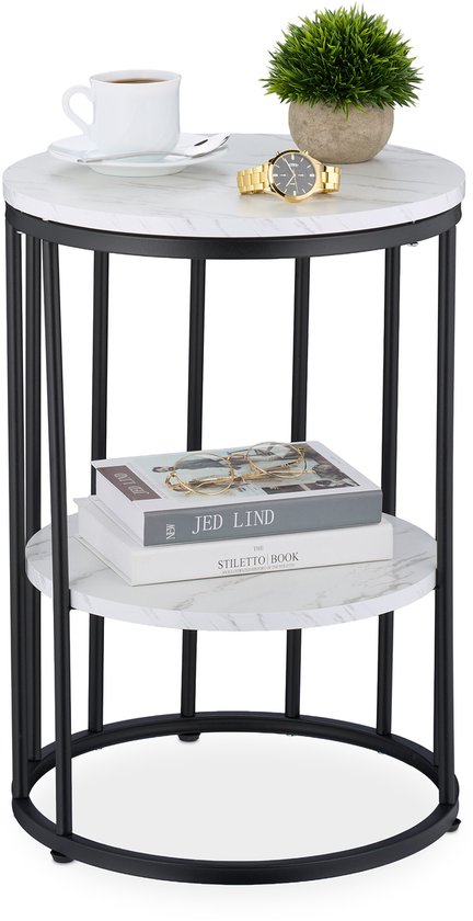 table d'appoint avec rangement - 57x40 cm - aspect marbre - salon - blanc-noir