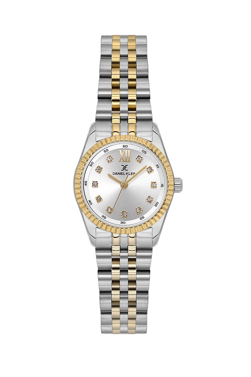 Daniel Klein DK.1.13925-3 - Horloge - Polshorloge - Analoog - Vrouwen - Dames - Stalen band - Rond - Metaal - Romeinse Cijfer - Cijfers - Kleine Briljanten Vierkantjes - Zilverkleurig - Goudkleurig