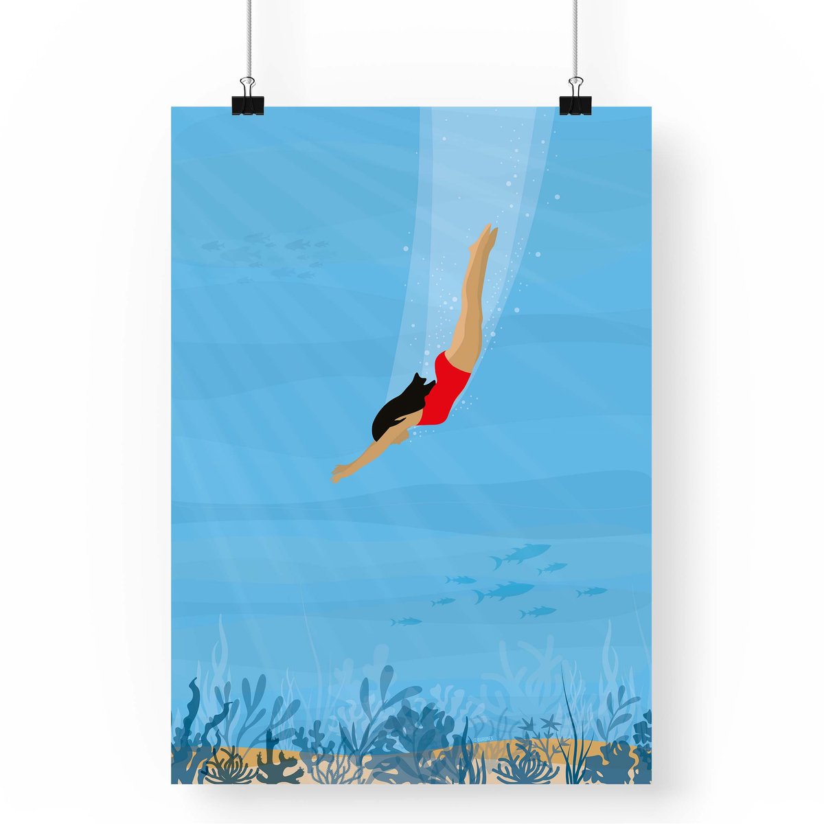 Artprint Duiken - Zwemmer illustratie in A4 formaat - Poster met duikend meisje onder water