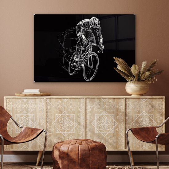 MuchoWow® Glasschilderij 120x80 cm - Schilderij acrylglas - Lijntekening - Wit - Wielrennen - Snelheid - Foto op glas - Muurdecoratie woonkamer - Wanddecoratie slaapkamer - Schilderijen