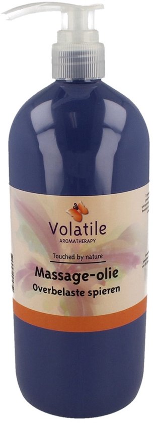 Blauwe pompfles massageolie, label "Volatile Aromatherapy" "Massage-olie Overbelaste spieren".